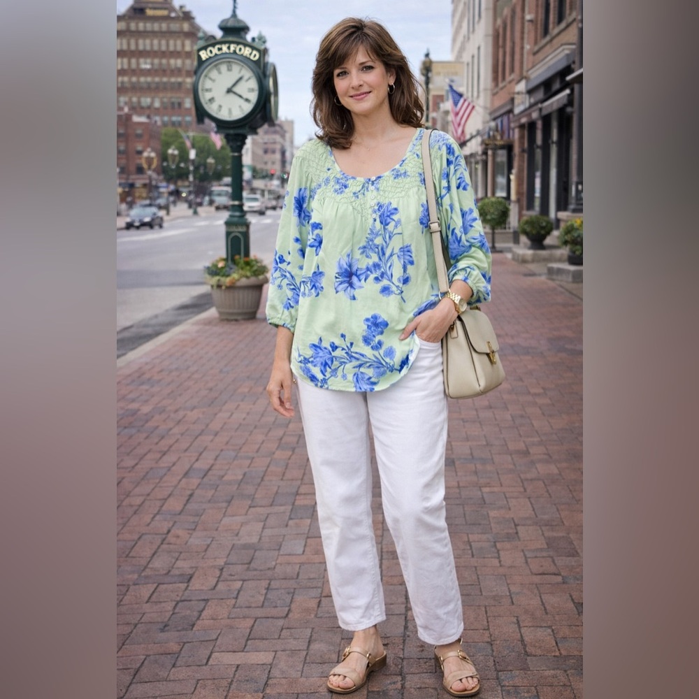 Talbots Mint Green & Blue Floral Smocked Blouse | Soft Cottagecore Top